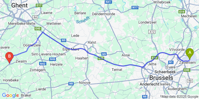 Map: Brussels Zaventem Airport (BRU) to Nederzwalm-Hermelgem