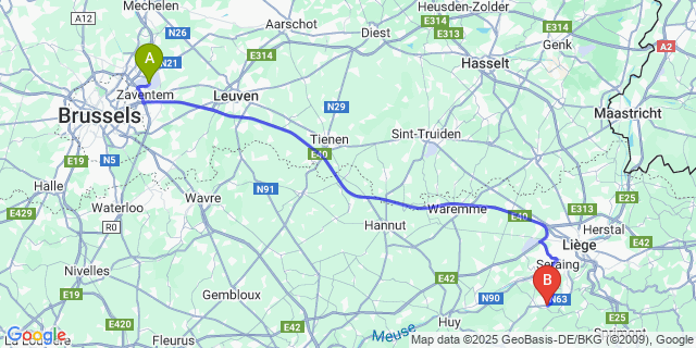 Map: Brussels Zaventem Airport (BRU) to Neupré