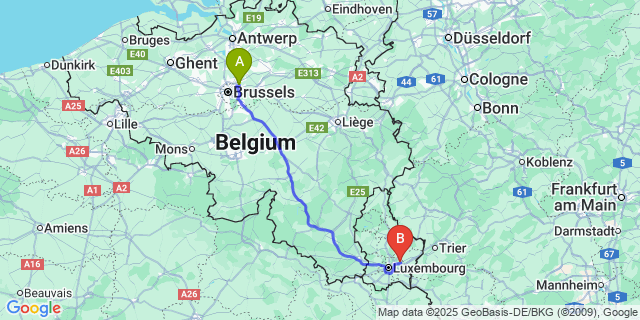 Map: Brussels Zaventem Airport (BRU) to Niederanven