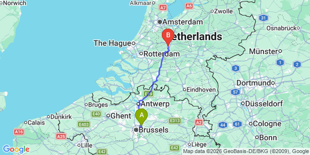 Map: Brussels Zaventem Airport (BRU) to Nieuwegein