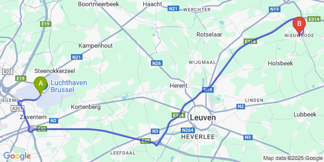 Map: Brussels Zaventem Airport (BRU) to Nieuwrode
