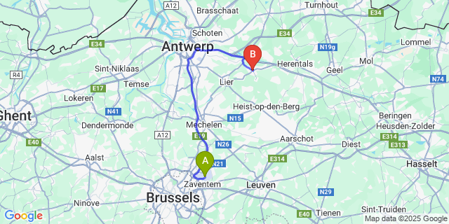 Map: Brussels Zaventem Airport (BRU) to Nijlen