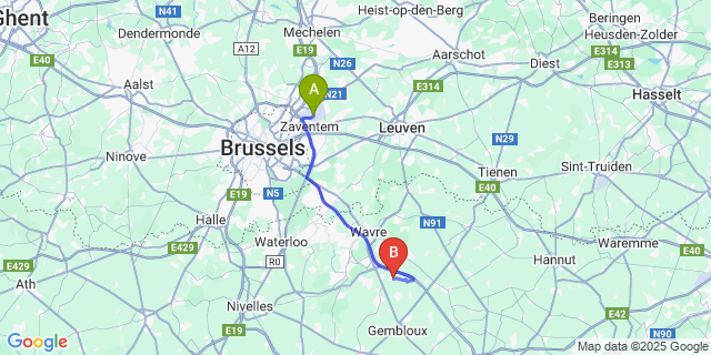 Map: Brussels Zaventem Airport (BRU) to Nil-Saint-Vincent-Saint-Martin