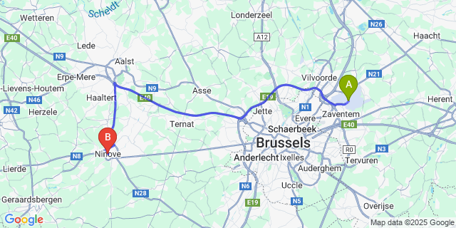 Map: Brussels Zaventem Airport (BRU) to Ninove