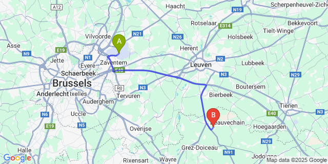 Map: Brussels Zaventem Airport (BRU) to Nodebais