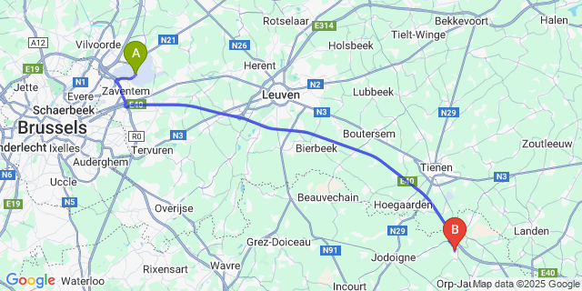 Map: Brussels Zaventem Airport (BRU) to Noduwez
