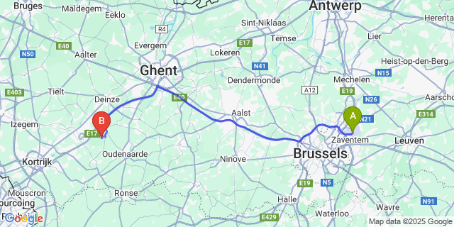 Map: Brussels Zaventem Airport (BRU) to Nokere