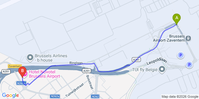 Map: Brussels Zaventem Airport (BRU) to Novotel Brussels Airport