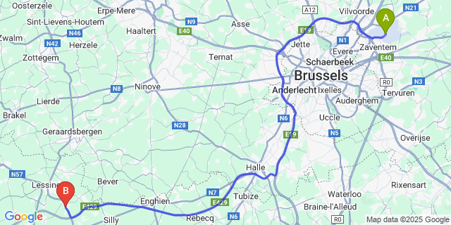 Map: Brussels Zaventem Airport (BRU) to Ollignies