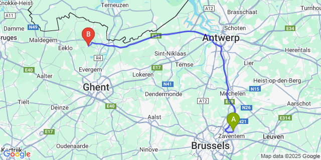 Map: Brussels Zaventem Airport (BRU) to Oosteeklo