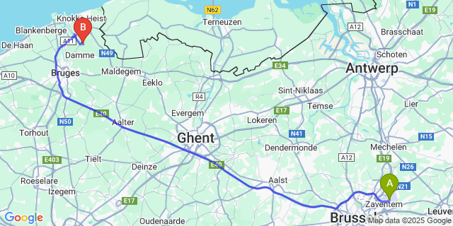 Map: Brussels Zaventem Airport (BRU) to Oostkerke
