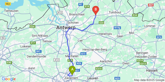 Map: Brussels Zaventem Airport (BRU) to Oostmalle