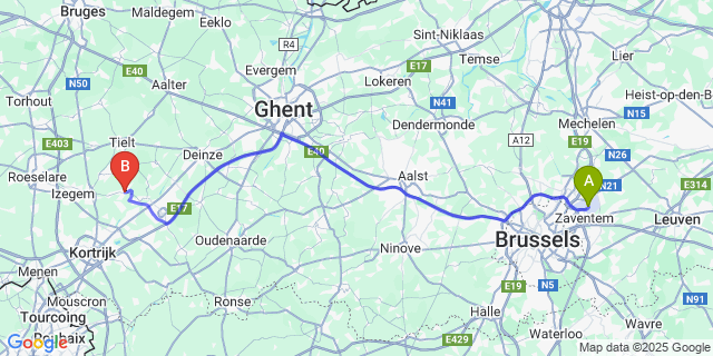 Map: Brussels Zaventem Airport (BRU) to Oostrozebeke