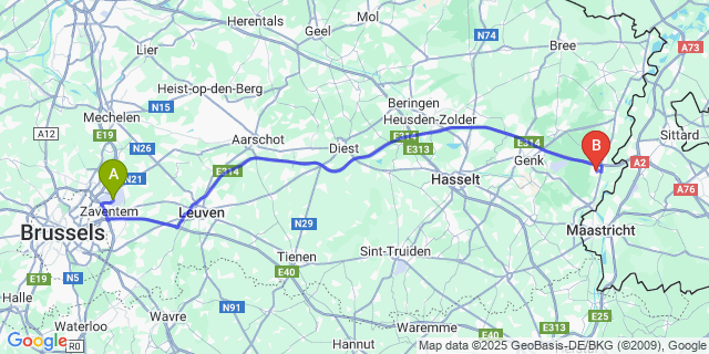 Map: Brussels Zaventem Airport (BRU) to Opgrimbie