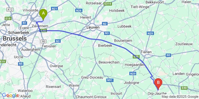 Map: Brussels Zaventem Airport (BRU) to Orp-le-Grand