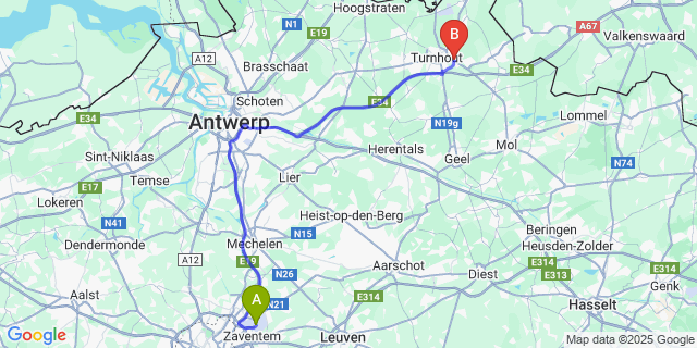 Map: Brussels Zaventem Airport (BRU) to Oud-Turnhout