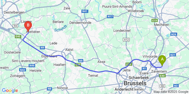 Map: Brussels Zaventem Airport (BRU) to Overbeke
