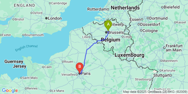 Map: Brussels Zaventem Airport (BRU) to Paris city (all areas)