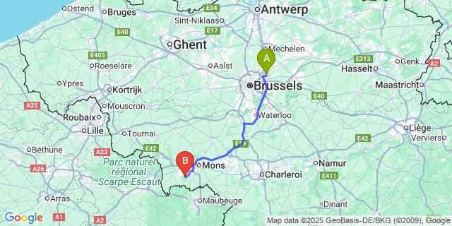 Map: Brussels Zaventem Airport (BRU) to Pâturages