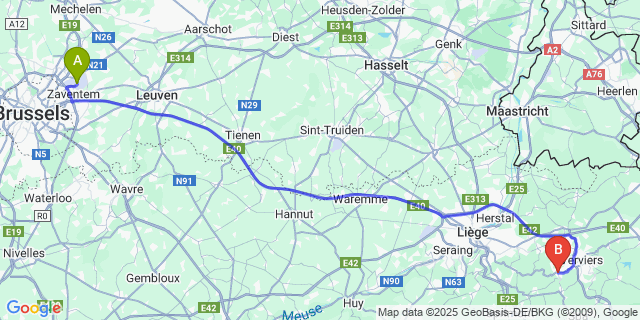 Map: Brussels Zaventem Airport (BRU) to Pepinster