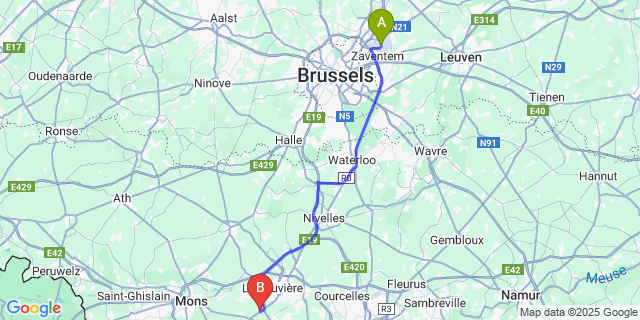 Map: Brussels Zaventem Airport (BRU) to Peronnes-lez-Binche