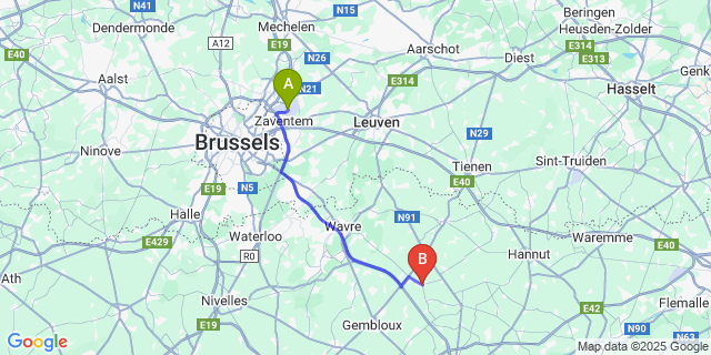 Map: Brussels Zaventem Airport (BRU) to Perwez