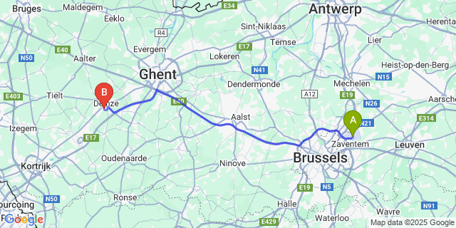 Map: Brussels Zaventem Airport (BRU) to Petegem-aan-de-leie