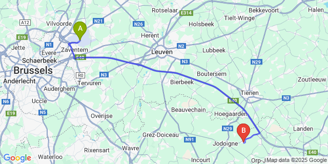 Map: Brussels Zaventem Airport (BRU) to Pietrain