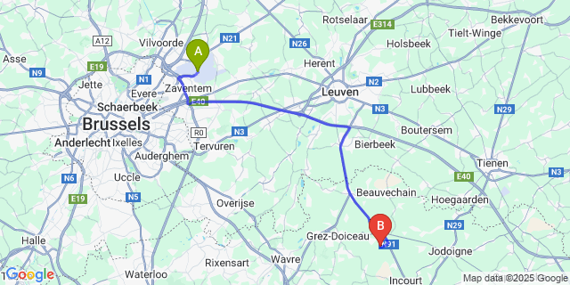 Map: Brussels Zaventem Airport (BRU) to Pietrebais