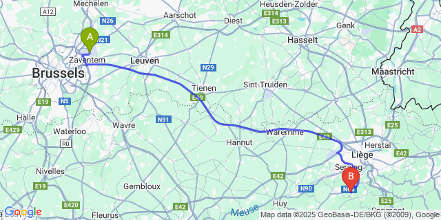Map: Brussels Zaventem Airport (BRU) to Plainevaux
