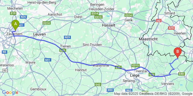 Map: Brussels Zaventem Airport (BRU) to Plombières