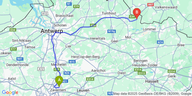 Map: Brussels Zaventem Airport (BRU) to Postel
