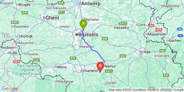 Map: Brussels Zaventem Airport (BRU) to Profondeville