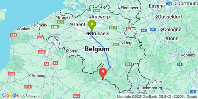 Map: Brussels Zaventem Airport (BRU) to Pussemange