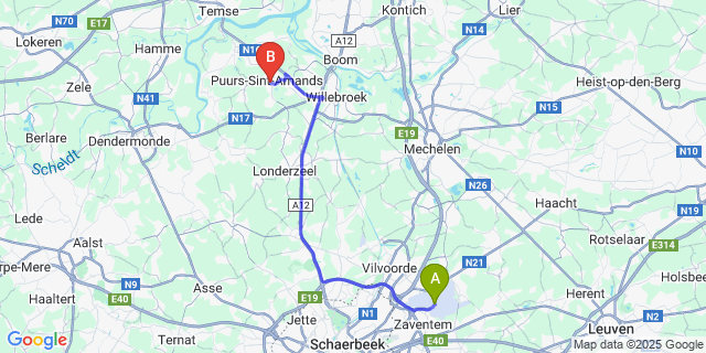 Map: Brussels Zaventem Airport (BRU) to Puurs