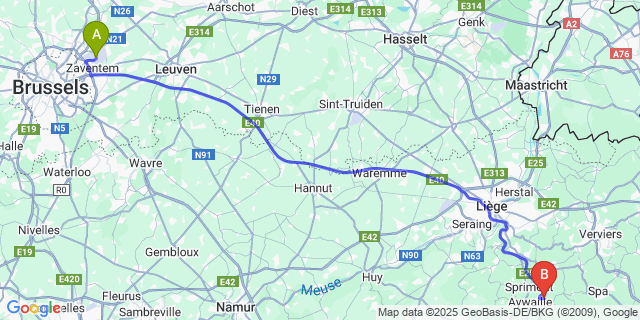 Map: Brussels Zaventem Airport (BRU) to Remouchamps