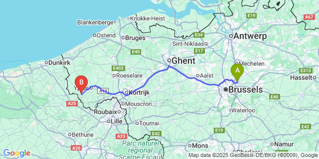 Map: Brussels Zaventem Airport (BRU) to Reningelst