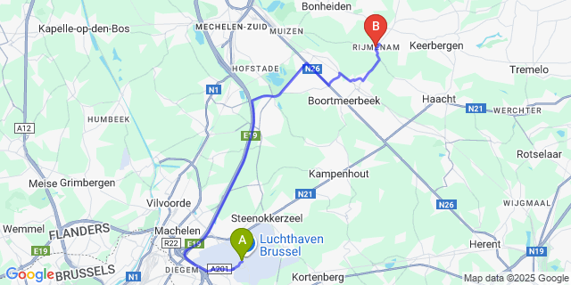 Map: Brussels Zaventem Airport (BRU) to Rijmenam