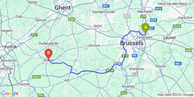 Map: Brussels Zaventem Airport (BRU) to Ronse
