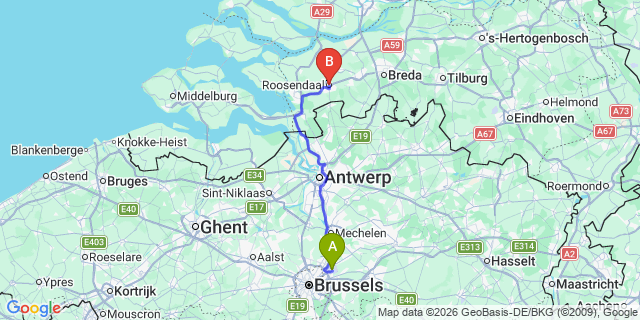 Map: Brussels Zaventem Airport (BRU) to Roosendaal