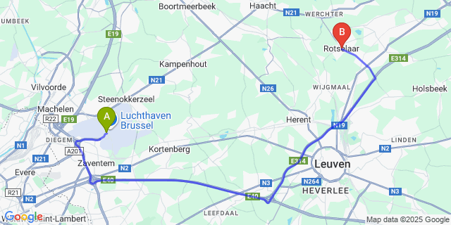 Map: Brussels Zaventem Airport (BRU) to Rotselaar