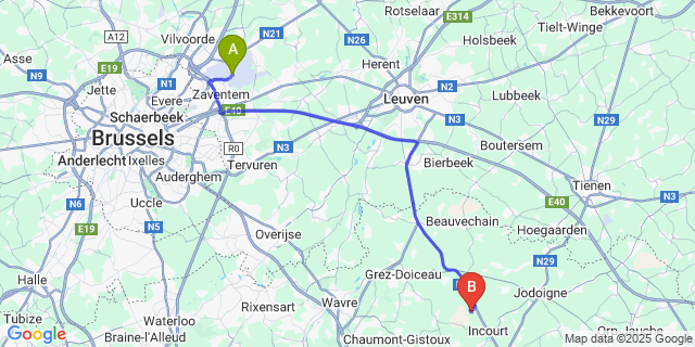 Map: Brussels Zaventem Airport (BRU) to Roux-Miroir
