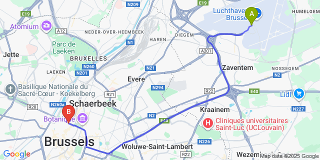 Map: Brussels Zaventem Airport (BRU) to Royal Hotel, Brussels
