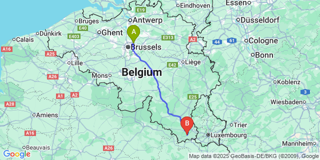 Map: Brussels Zaventem Airport (BRU) to Saint-Leger-en-Gaume