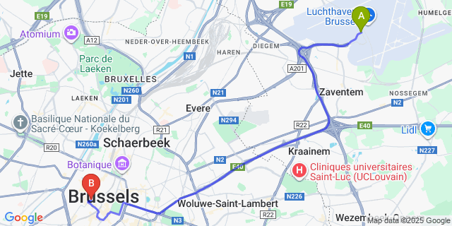 Map: Brussels Zaventem Airport (BRU) to Saint-Nicolas, Brussels