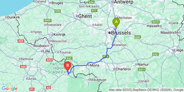 Map: Brussels Zaventem Airport (BRU) to Saint-Saulve