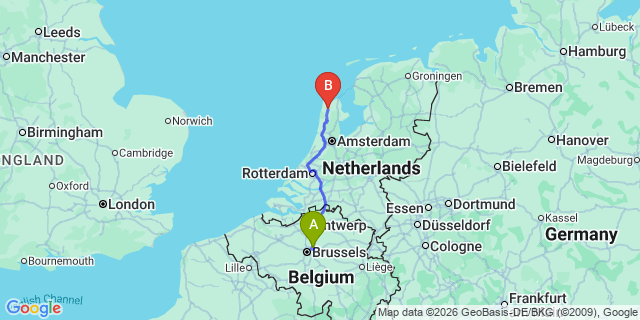 Map: Brussels Zaventem Airport (BRU) to Schagen