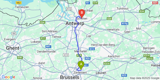 Map: Brussels Zaventem Airport (BRU) to Schoten