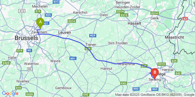 Map: Brussels Zaventem Airport (BRU) to Seraing