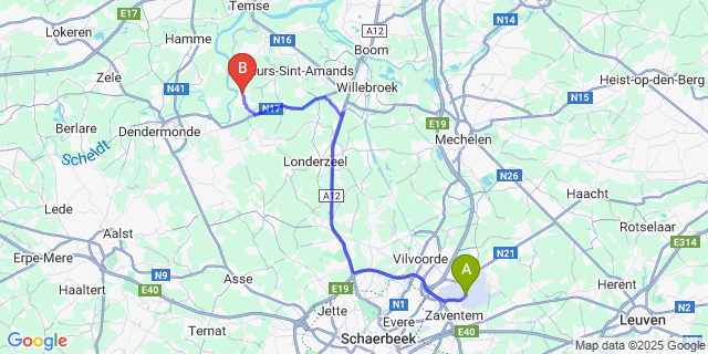 Map: Brussels Zaventem Airport (BRU) to Sint-Amands